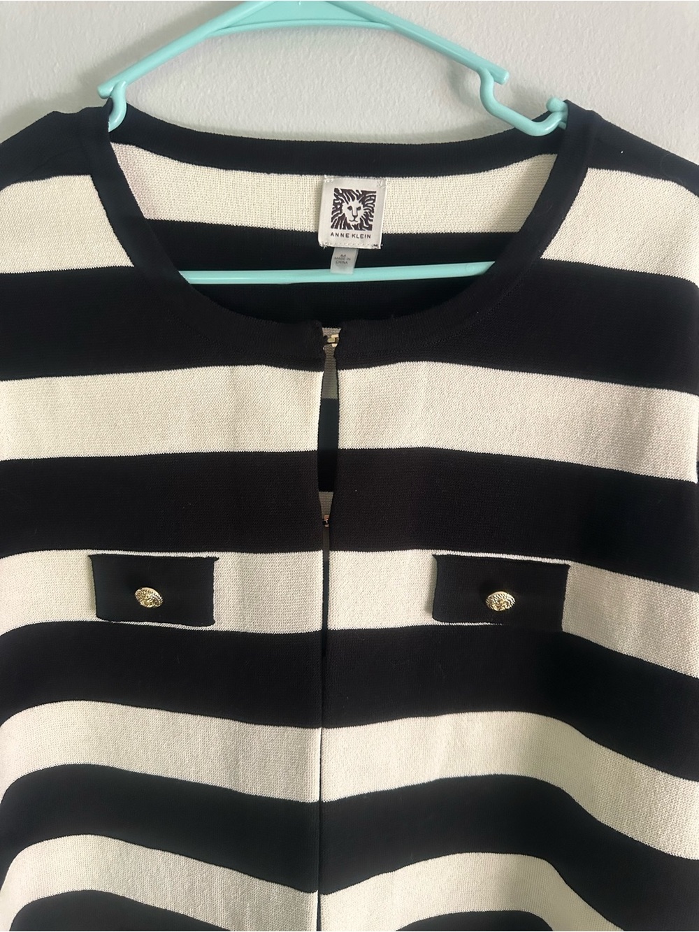 Anne Klein Black and White Striped Cardigan with Gold Buttons